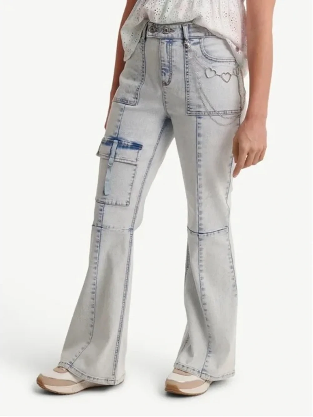 Justice Light Blue Patchwork Flare Jeans with Heart Trim